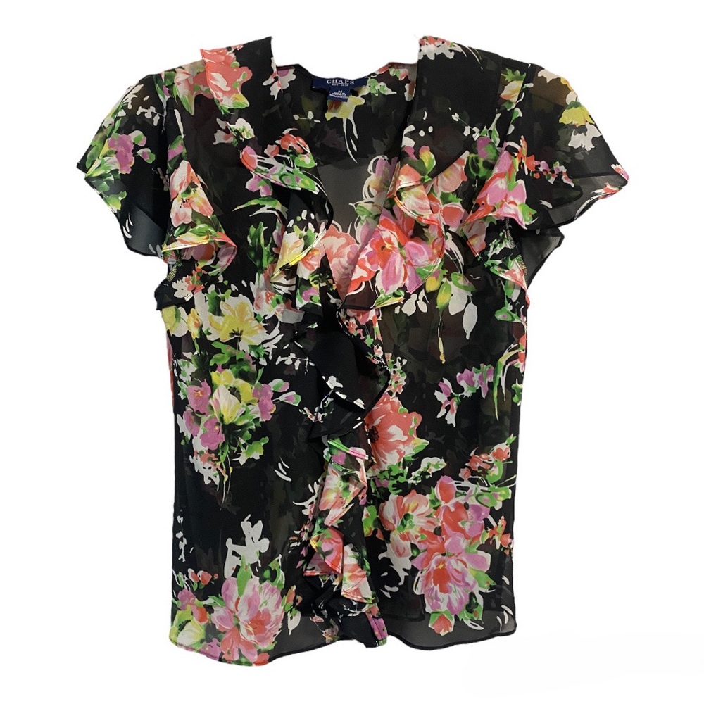Chaps Floral Flutter Sleeve Ruffle Front Blouse Womens Medium Whimsigoth Fairy